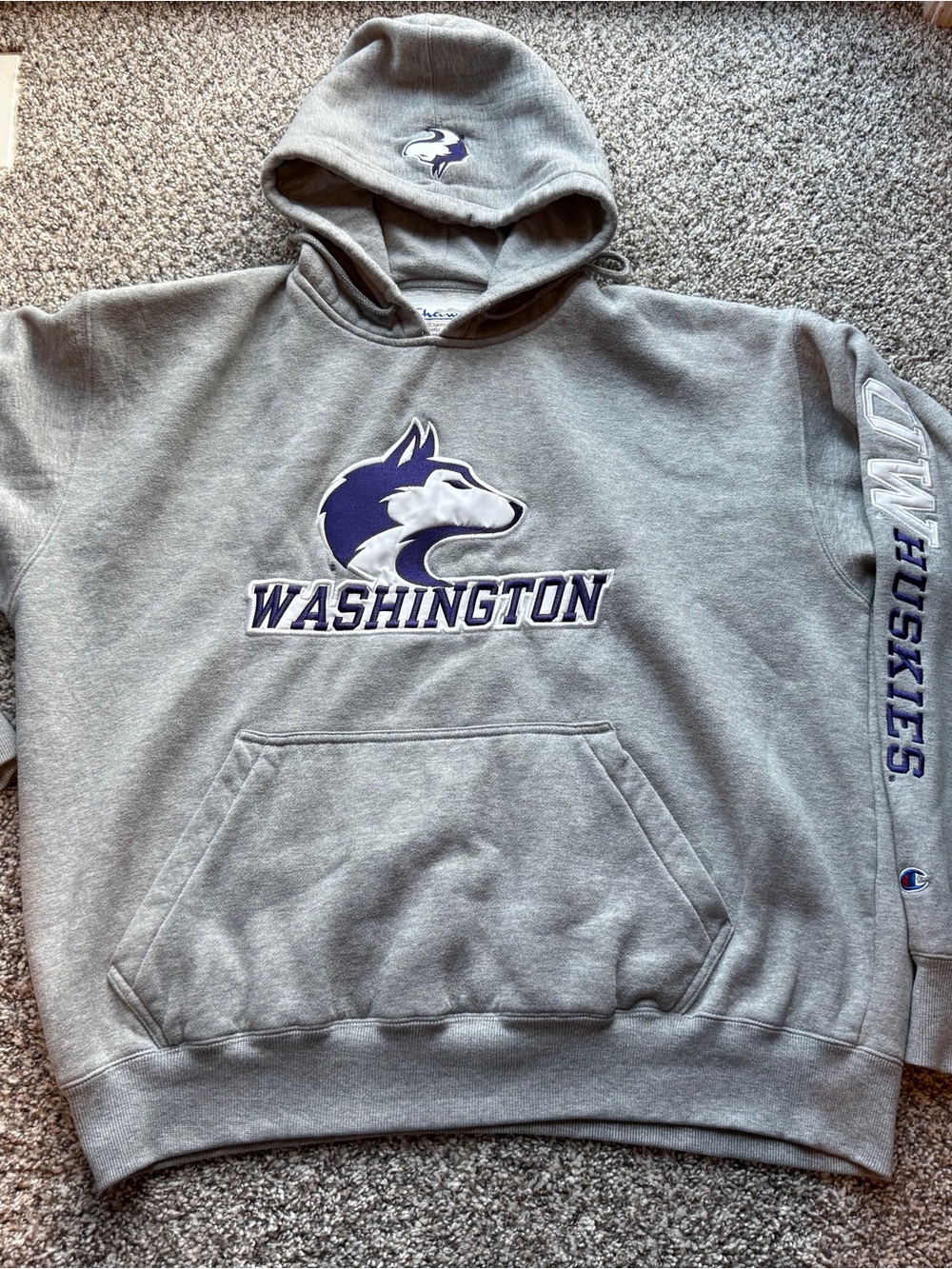 Champion Gray Washington Huskies Crewneck Hoodie with Purple Logo